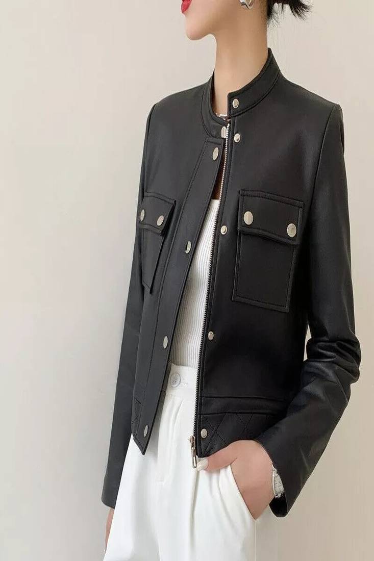 Women’s  jacket stand collar sheepskin leather vintage slim fit moto biker zip