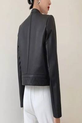 women's genuine sheepskin leather biker jacket stand up collar style 2