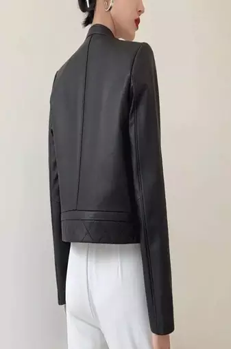 women's genuine sheepskin leather biker jacket stand up collar style
