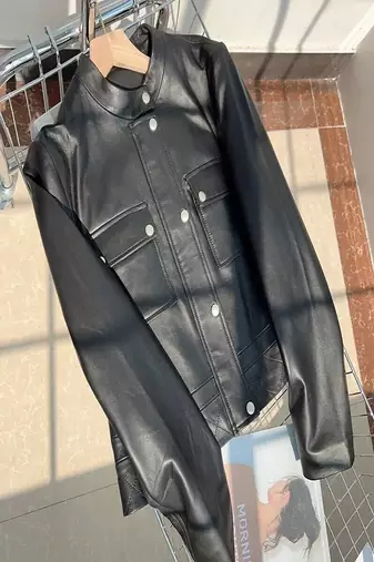 women's genuine sheepskin leather biker jacket stand up collar style