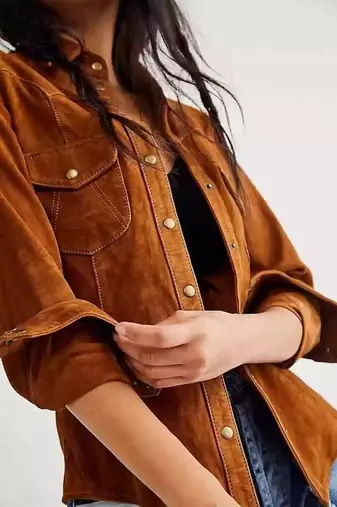 Women’s brown suede leather jacket genuine lambskin western biker style