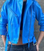 Women’s genuine blue leather jacket motorcycle jacket zip front slim fit