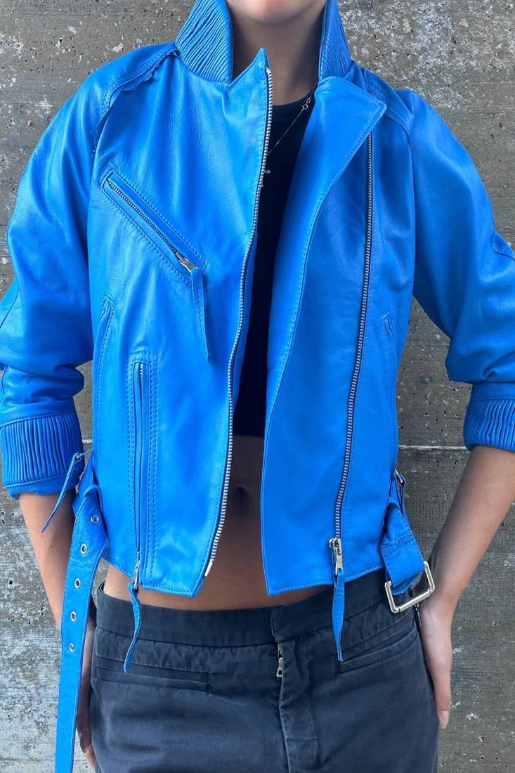 Women’s genuine blue leather jacket motorcycle jacket zip front slim fit