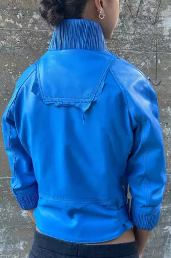 women's blue lambskin leather biker jacket classic zip front style