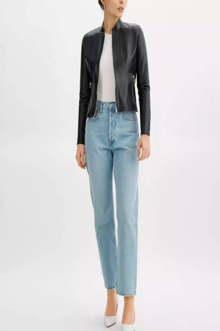 Womens genuine blaack leather jacket vintage slim fit moto biker zip