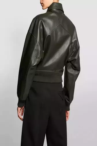 women's black lambskin leather bomber jacket ribbed cuffs and waist