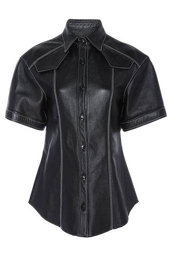 Women s black genuine leather shirt jacket  slim fit button-up casual biker style leather shirt