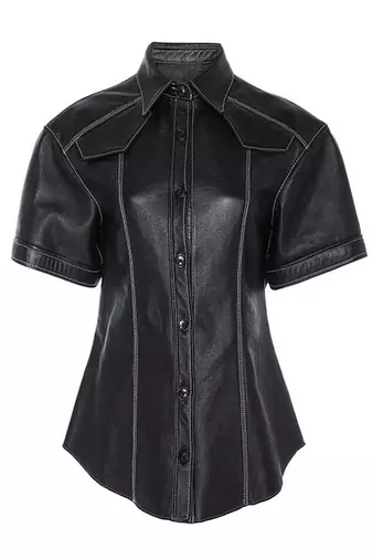 Women s black genuine leather shirt jacket  slim fit button-up casual biker style leather shirt