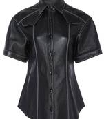 Women s black genuine leather shirt jacket  slim fit button-up casual biker style leather shirt