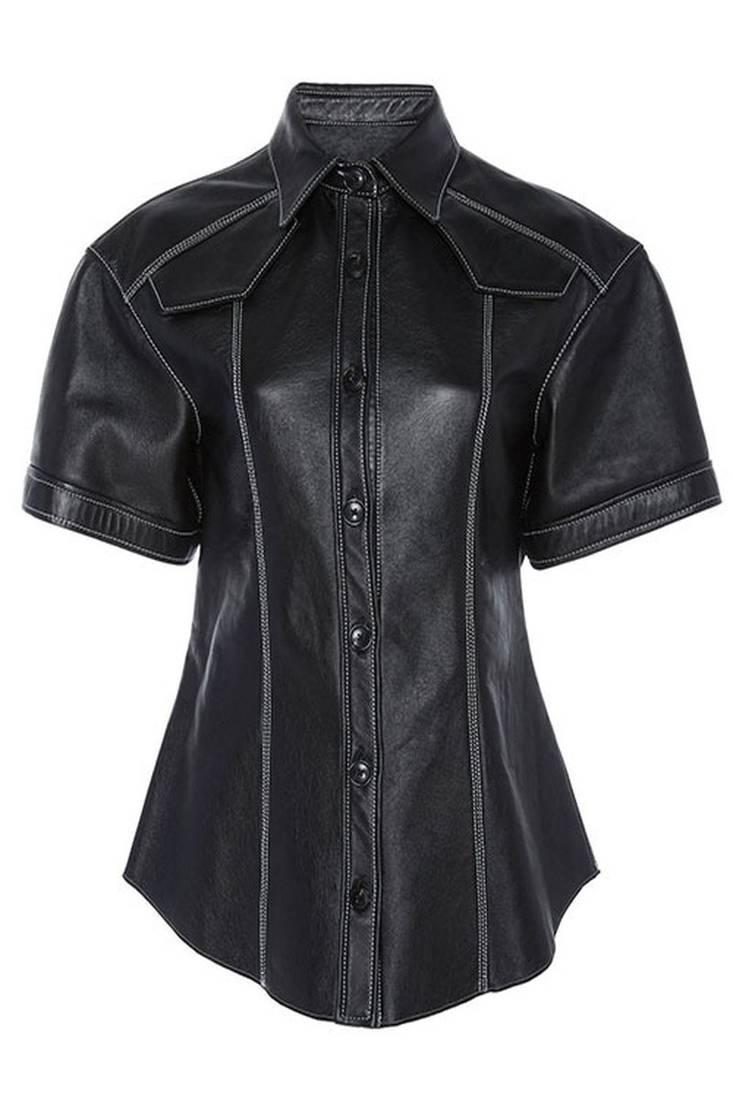 Women s black genuine leather shirt jacket  slim fit button-up casual biker style leather shirt