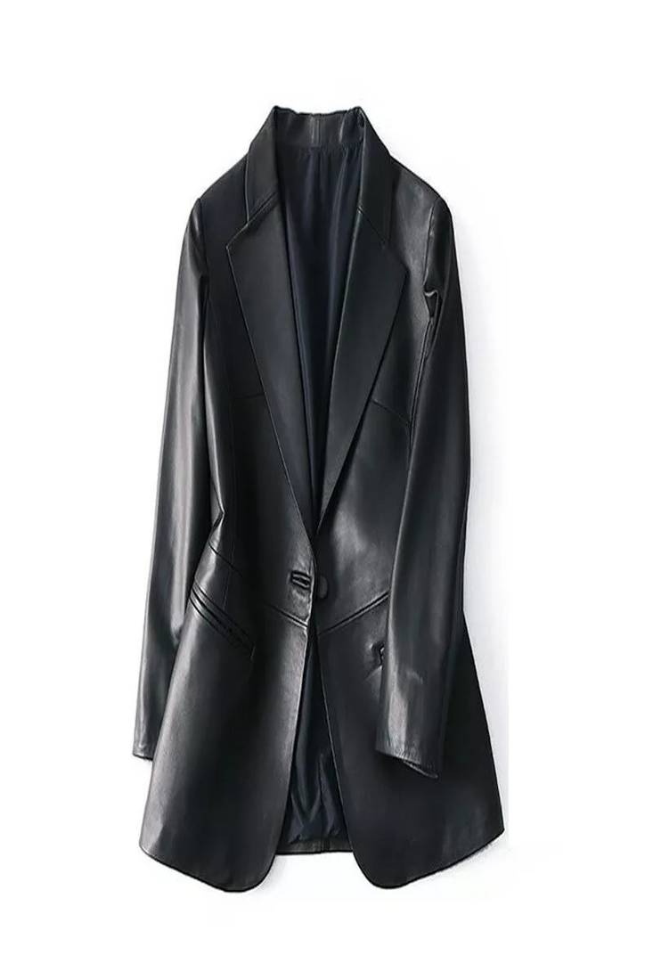 Women’s black genuine leather blazer slim fit classic formal jacket lambskin coat