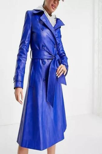 Women’s blue lambskin leather long coat dress slim fit formal elegant jacket