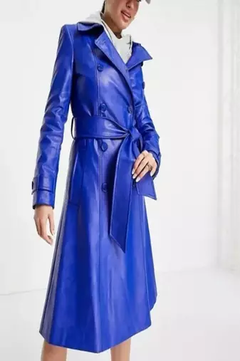 Women’s blue lambskin leather long coat dress slim fit formal elegant jacket