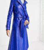 Women’s blue lambskin leather long coat dress slim fit formal elegant jacket