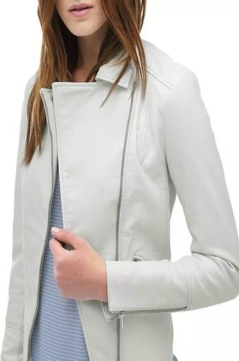Women’s slim fit biker white leather jacket  motorcycle zip front coat