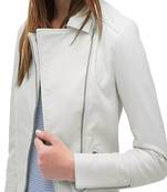 Women’s slim fit biker white leather jacket  motorcycle zip front coat