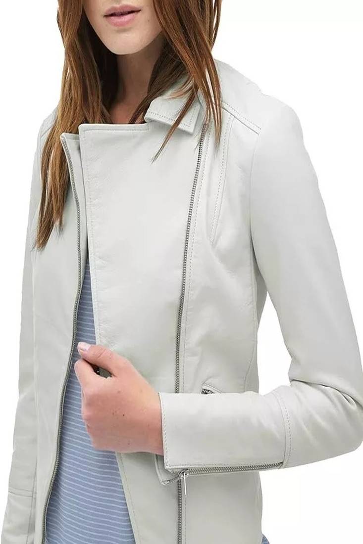 Women’s slim fit biker white leather jacket  motorcycle zip front coat