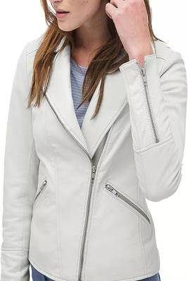 women's white lambskin leather biker jacket classic zip front style 2