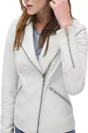 women's white lambskin leather biker jacket classic zip front style