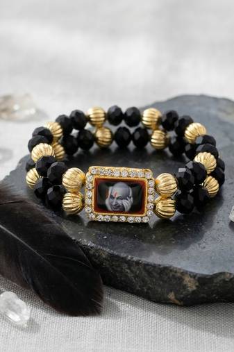 Black onyx brass gold beaded guruji bracelet for men women