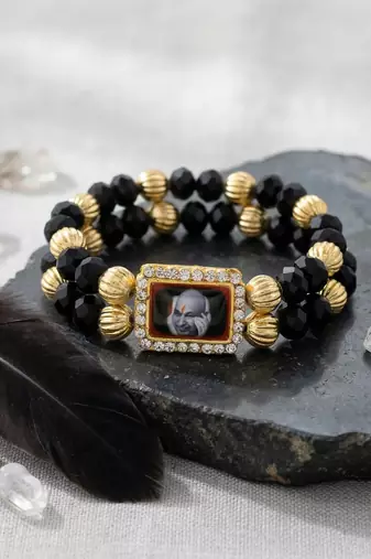 Black onyx brass gold beaded guruji bracelet for men women