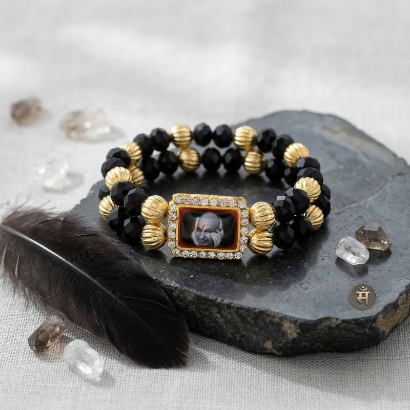 Black onyx brass gold beaded guruji bracelet for men women