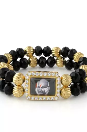 Black onyx brass gold beaded guruji bracelet for men women