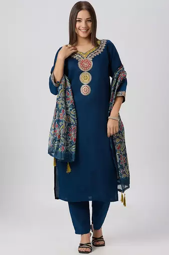 Blue vatican silk kurti pant dupatta set