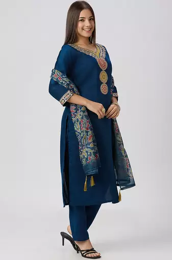 Blue vatican silk kurti pant dupatta set