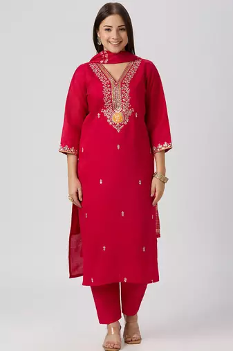 Red vatican silk kurti pant dupatta set