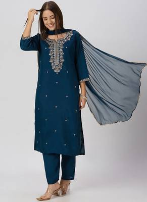Teal roman silk kurti pant dupatta set 1