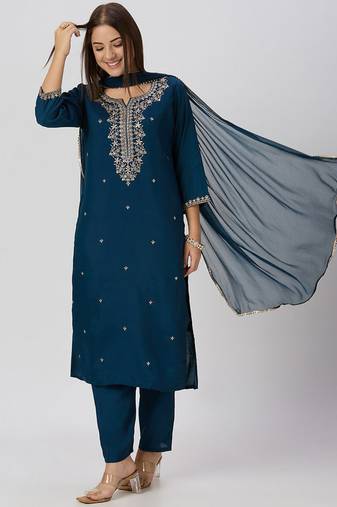 Teal roman silk kurti pant dupatta set