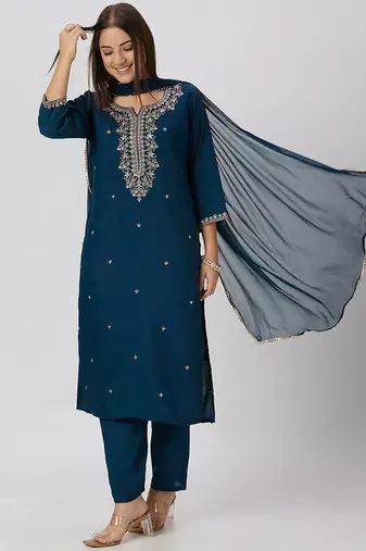 Teal roman silk kurti pant dupatta set