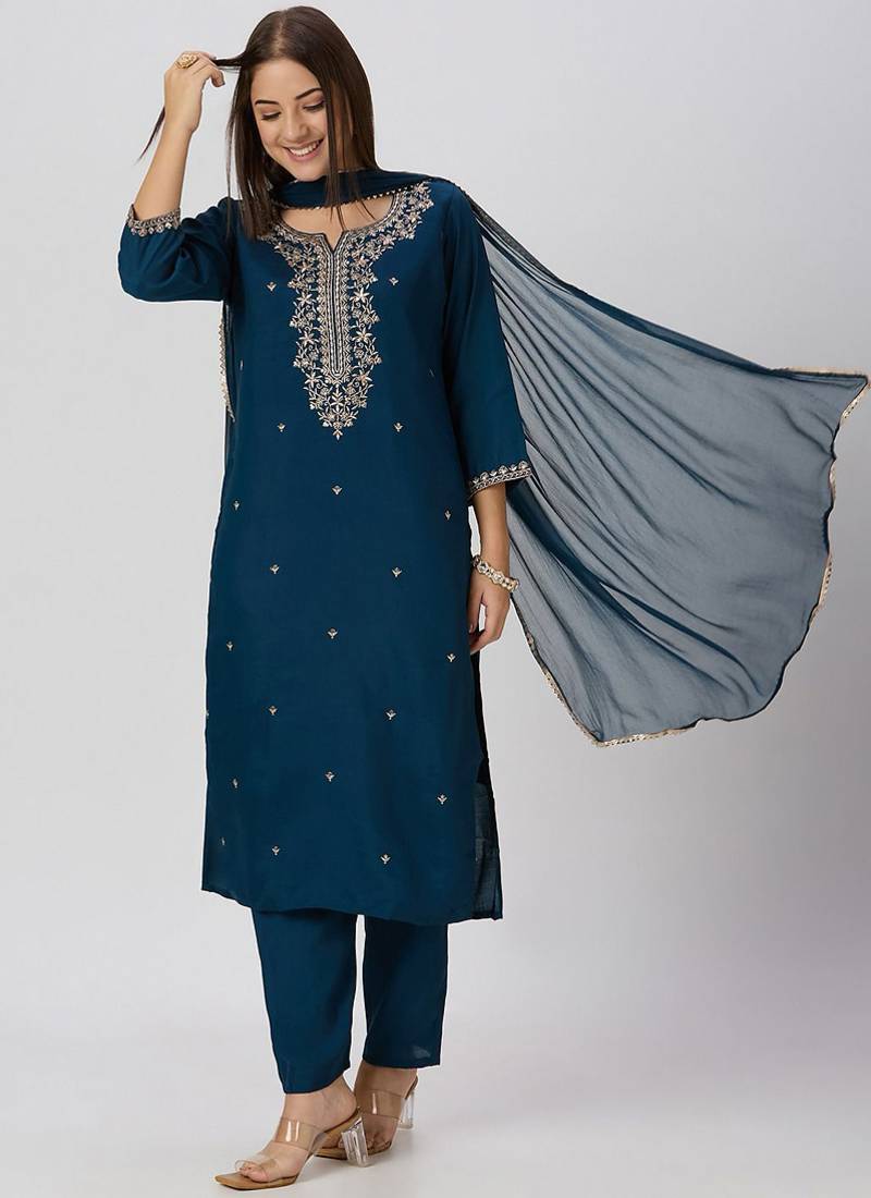 Teal roman silk kurti pant dupatta set