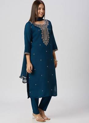 Teal roman silk kurti pant dupatta set 2