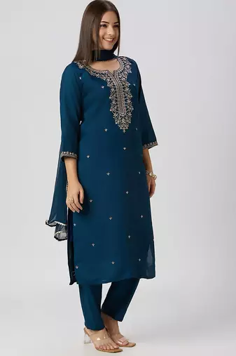 Teal roman silk kurti pant dupatta set