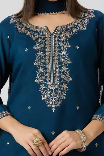 Teal roman silk kurti pant dupatta set