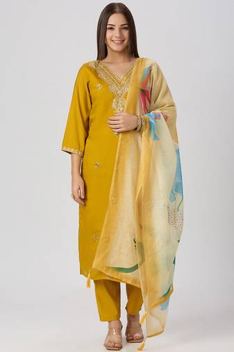 Yellow roman silk kurti pant dupatta set