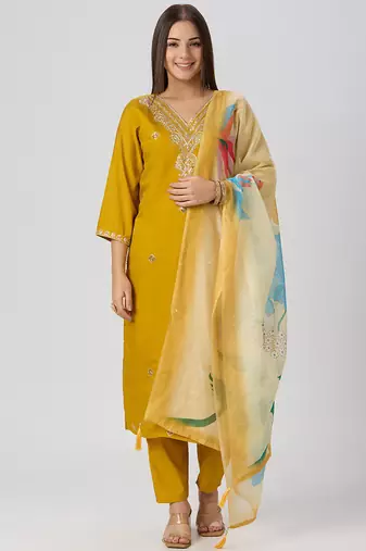 Yellow roman silk kurti pant dupatta set
