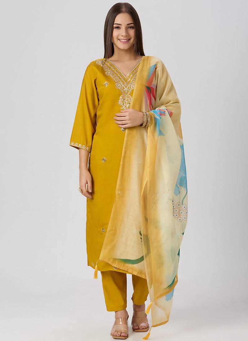 Yellow roman silk kurti pant dupatta set