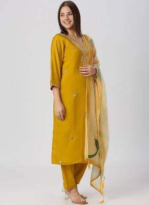 Yellow roman silk kurti pant dupatta set 2