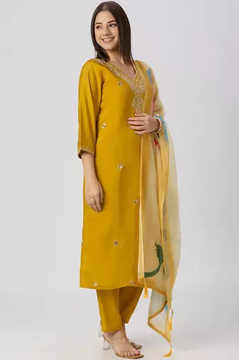 Yellow roman silk kurti pant dupatta set