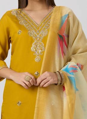 Yellow roman silk kurti pant dupatta set 3