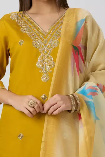 Yellow roman silk kurti pant dupatta set