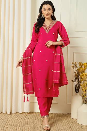 Pink roman silk kurti pant dupatta set