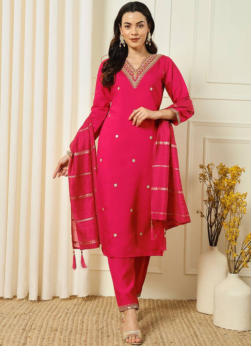 Pink roman silk kurti pant dupatta set