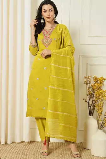 Yellow roman silk kurti pant dupatta set