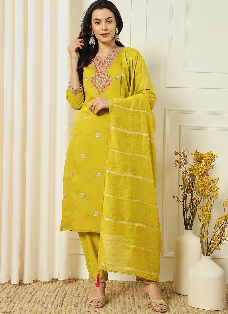 Yellow roman silk kurti pant dupatta set