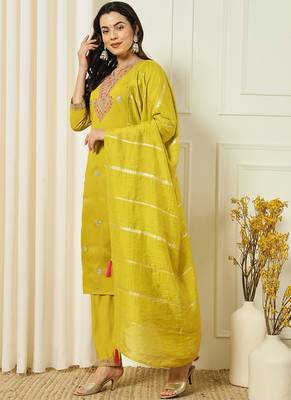 Yellow roman silk kurti pant dupatta set 2