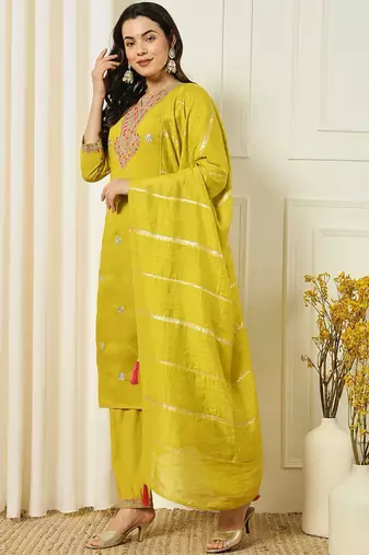 Yellow roman silk kurti pant dupatta set